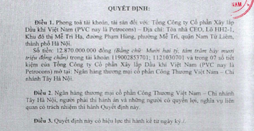 Phong toả gần 13 tỷ đồng của Công ty Xây lắp Dầu khí tại Vietinbank